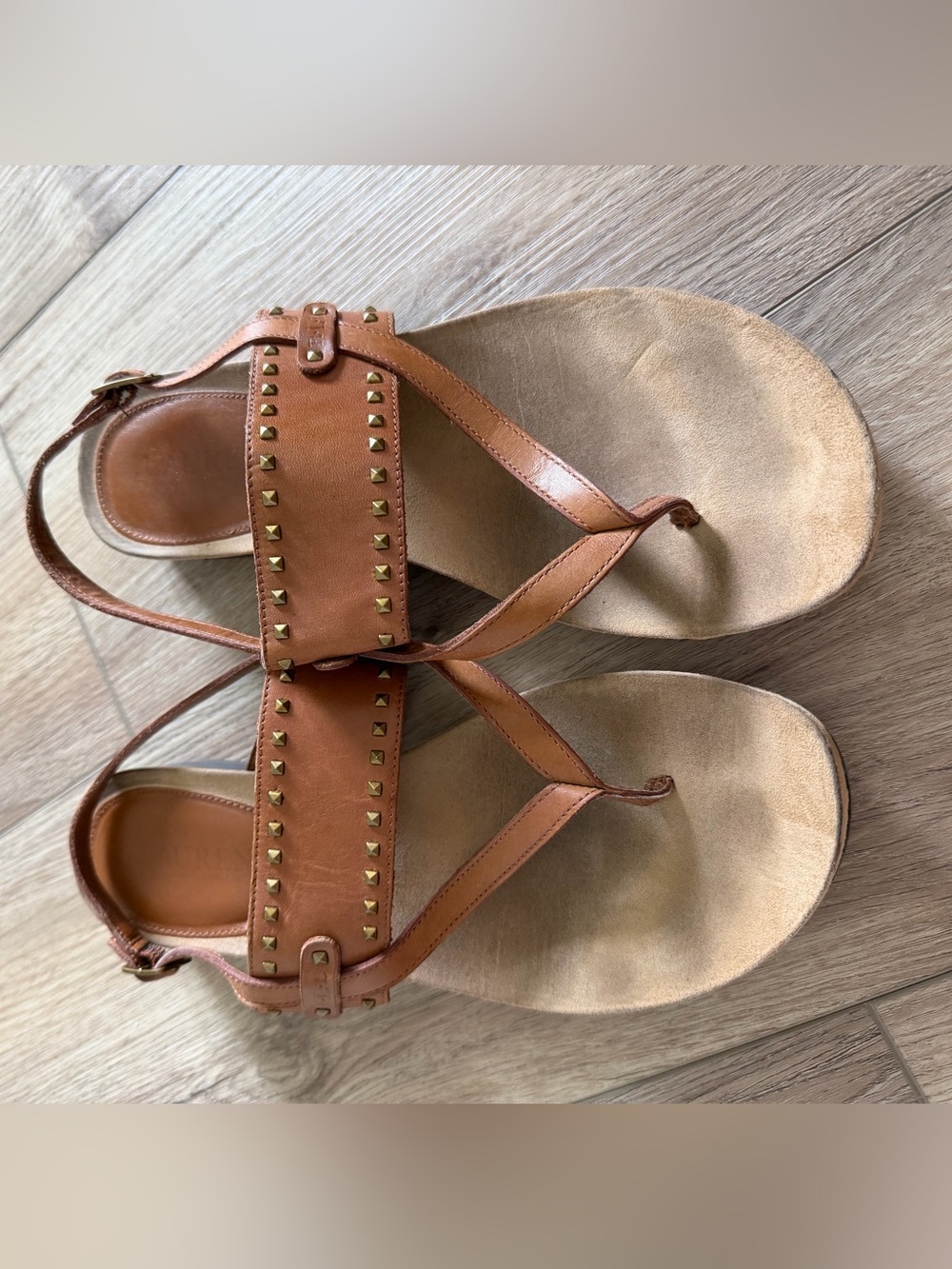 Lauren Ralph Lauren Leather Studded Thong Sandals - Brown. Size 9.5